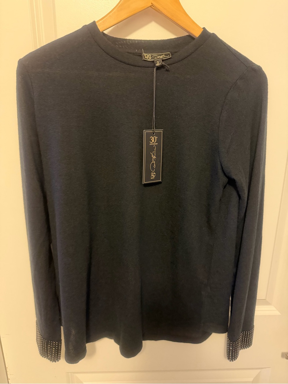 DG2 by Diane Gilman rhinestone sleeve black crew neck sweater. NWT